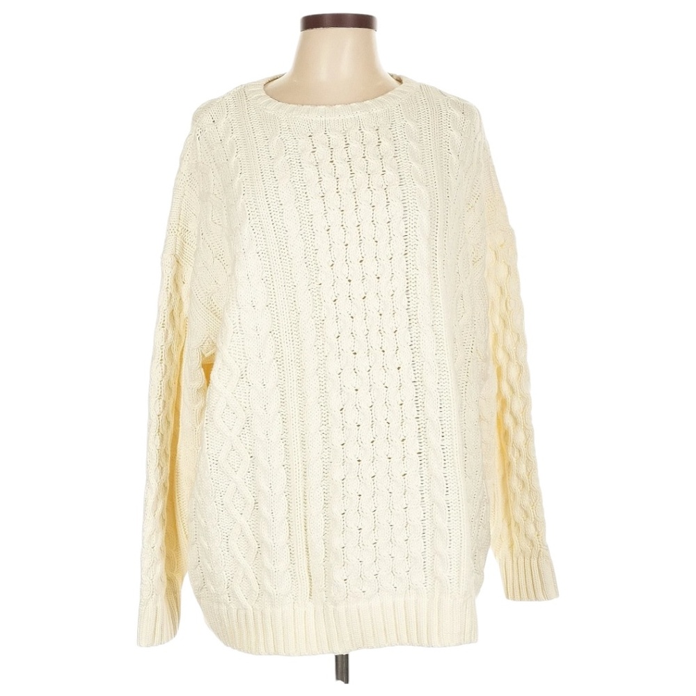 Land’s End Oversized Fisherman’s Cable Knit Cream Off White Sweater Size L